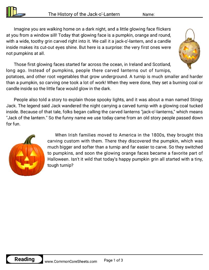 3rd Grade 31 Days of Halloween Reading - The History of the Jack-o'-Lantern worksheet