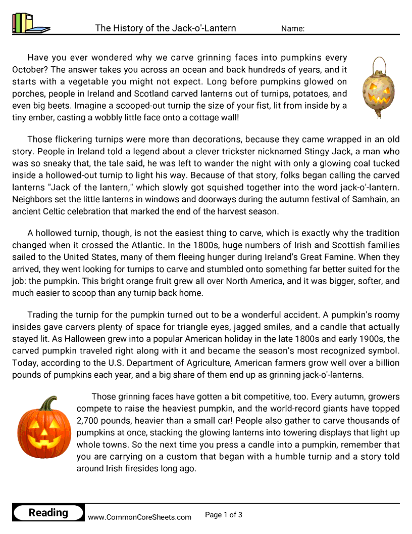 5th Grade 31 Days of Halloween Reading - The History of the Jack-o'-Lantern worksheet