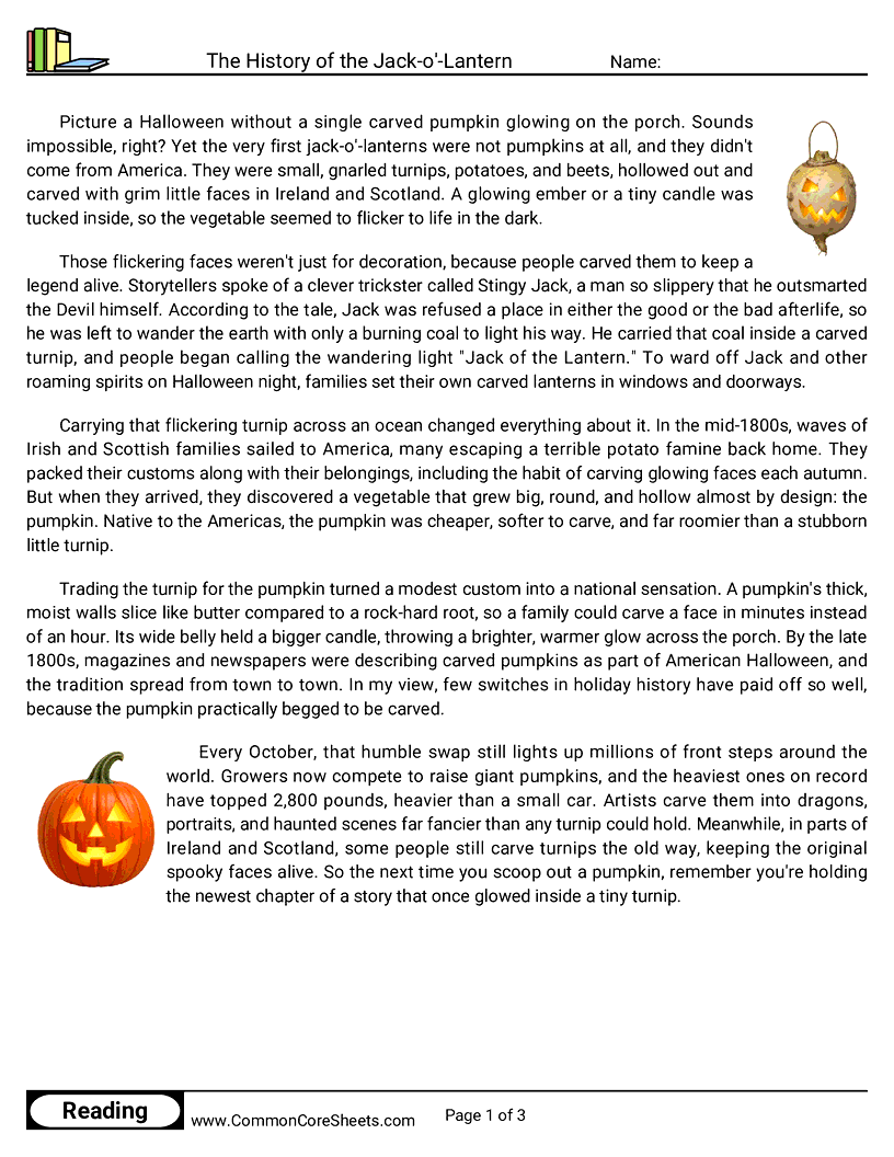 6th Grade 31 Days of Halloween Reading - The History of the Jack-o'-Lantern worksheet