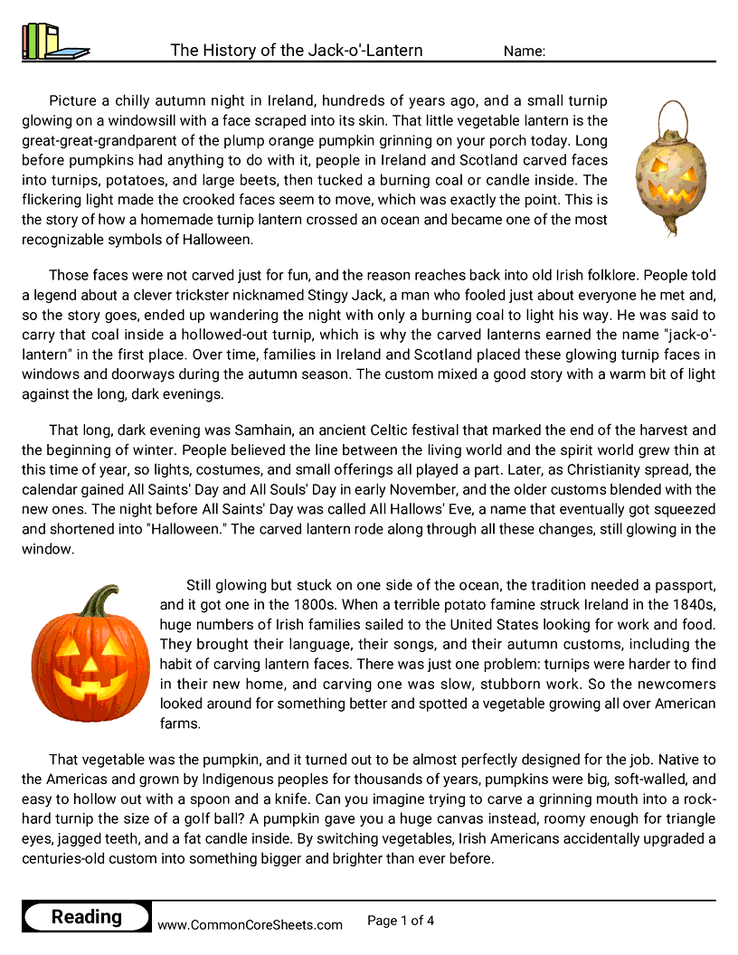 7th Grade 31 Days of Halloween Reading - The History of the Jack-o'-Lantern worksheet