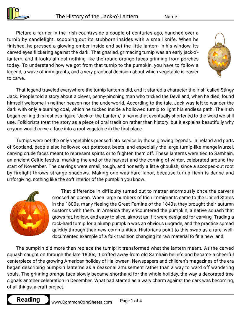 8th Grade 31 Days of Halloween Reading - The History of the Jack-o'-Lantern worksheet