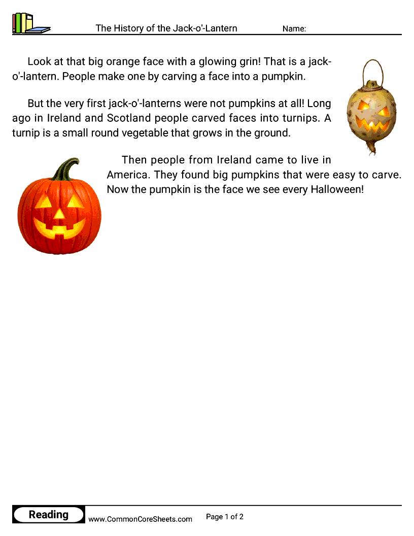 Kindergarten 31 Days of Halloween Reading - The History of the Jack-o'-Lantern worksheet