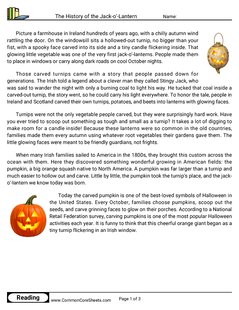 31 Days of Halloween Reading - The History of the Jack-o'-Lantern worksheet