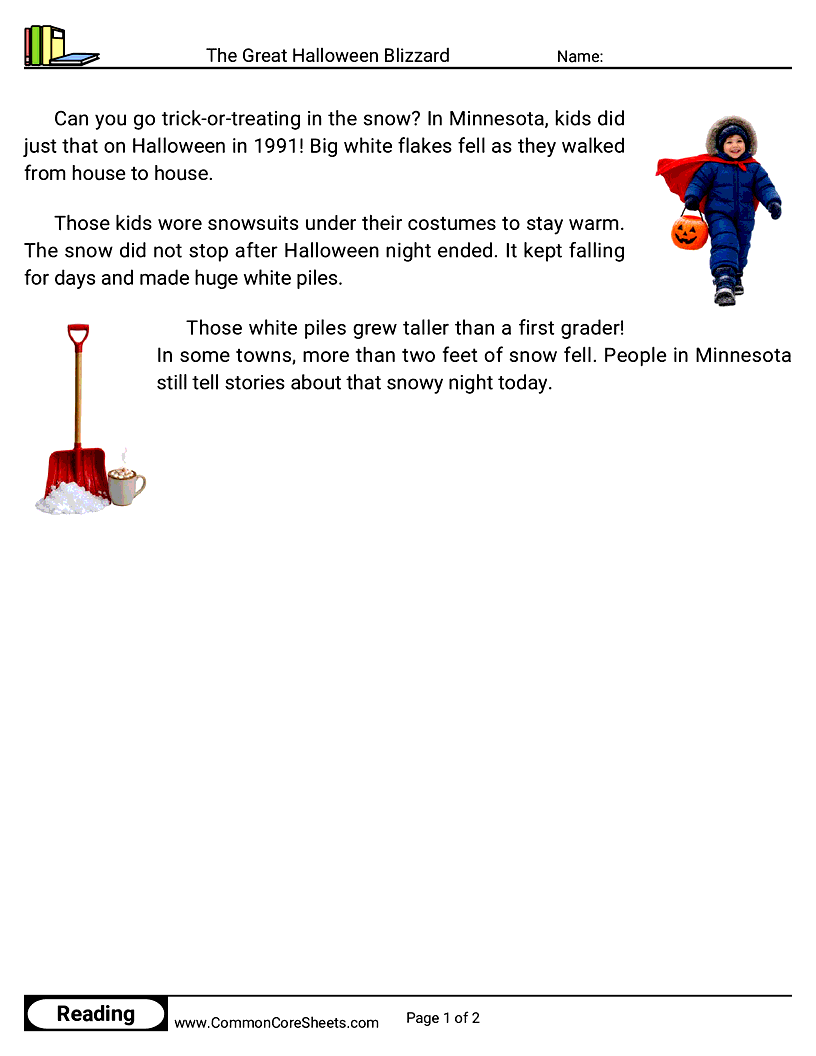 1st Grade 31 Days of Halloween Reading - The Great Halloween Blizzard worksheet
