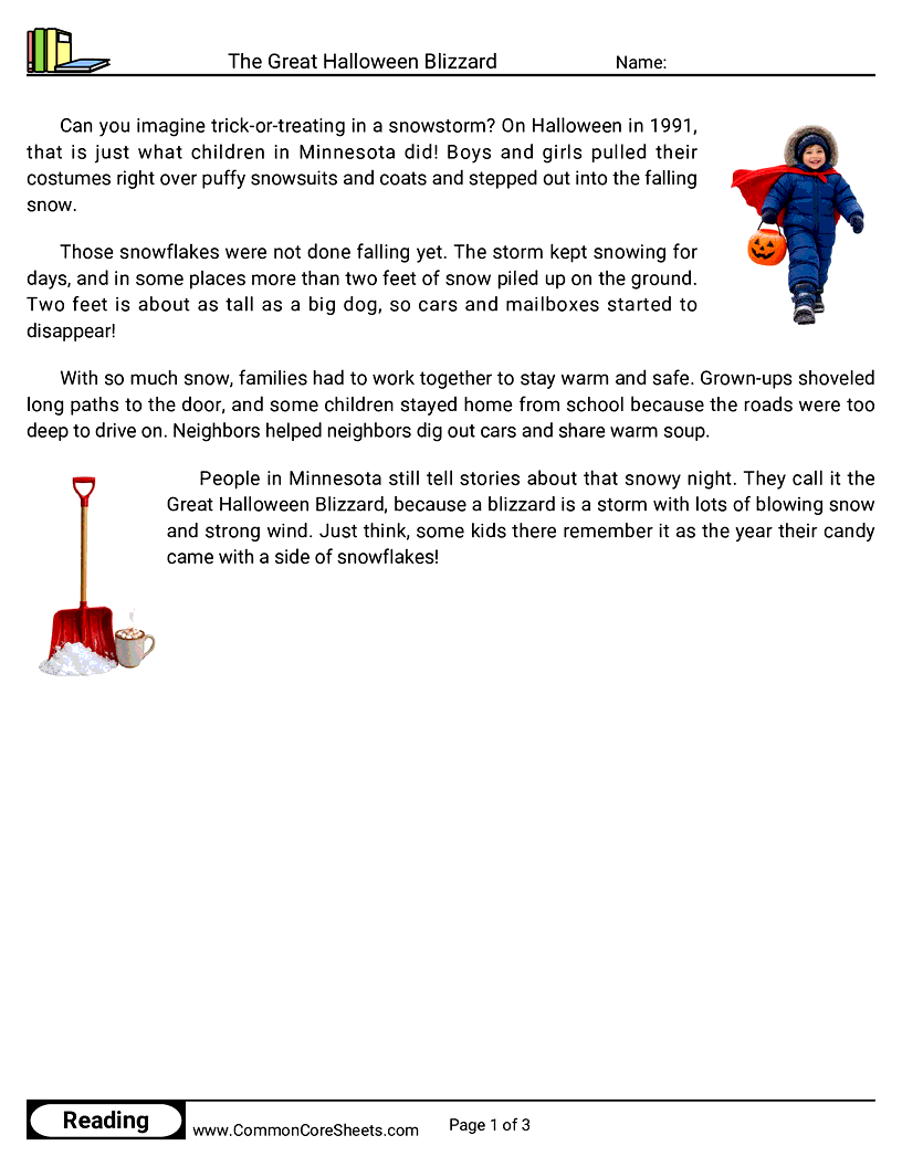 2nd Grade 31 Days of Halloween Reading - The Great Halloween Blizzard worksheet