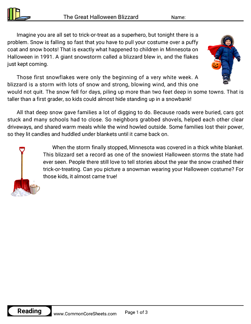 3rd Grade 31 Days of Halloween Reading - The Great Halloween Blizzard worksheet