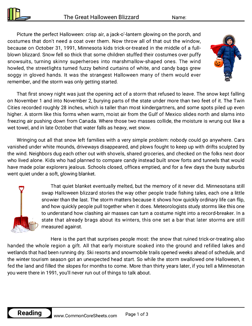 6th Grade 31 Days of Halloween Reading - The Great Halloween Blizzard worksheet