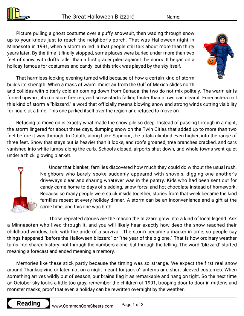 7th Grade 31 Days of Halloween Reading - The Great Halloween Blizzard worksheet