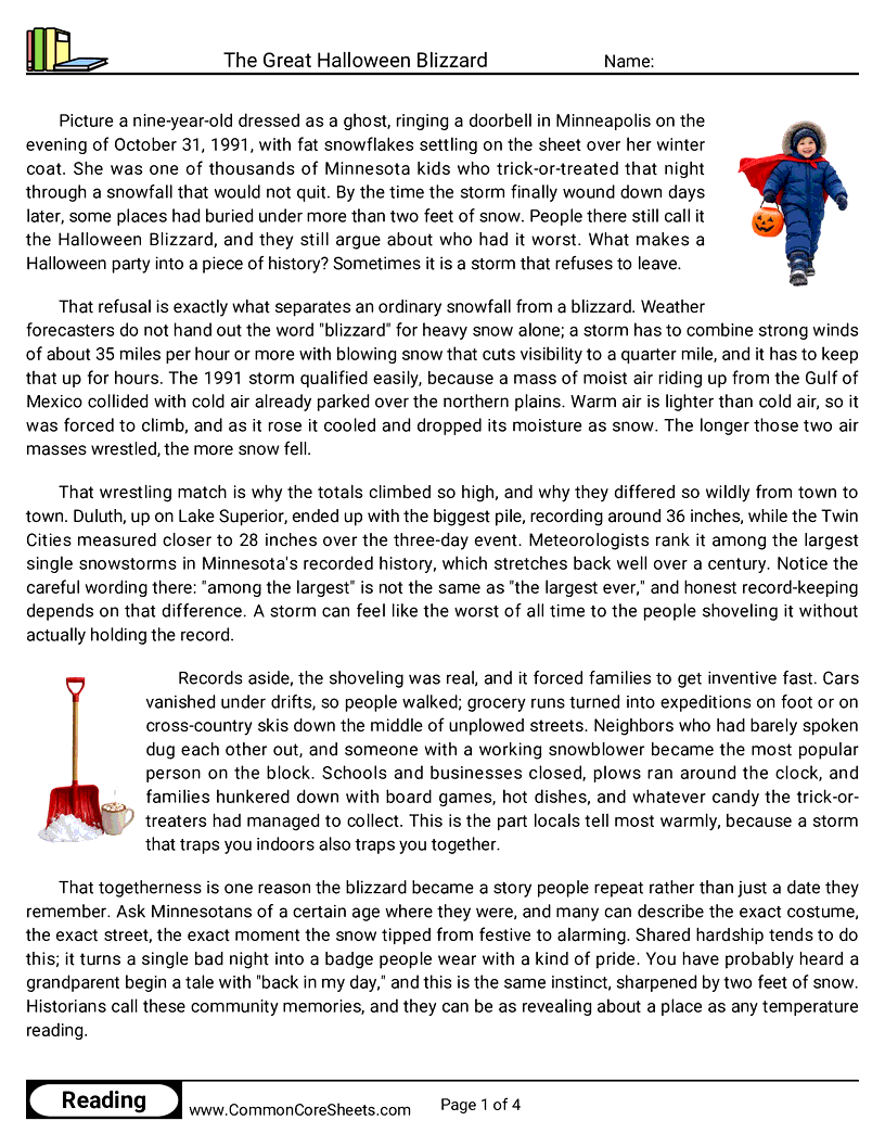 8th Grade 31 Days of Halloween Reading - The Great Halloween Blizzard worksheet