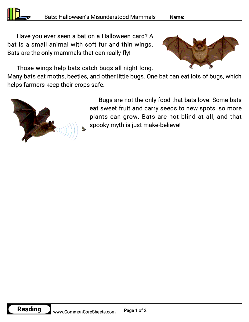 1st Grade 31 Days of Halloween Reading - Bats: Halloween's Misunderstood Mammals worksheet