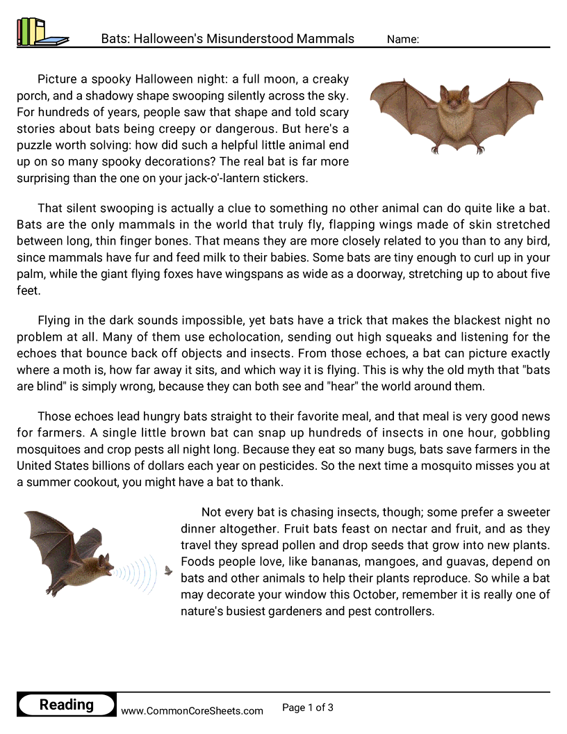 5th Grade 31 Days of Halloween Reading - Bats: Halloween's Misunderstood Mammals worksheet