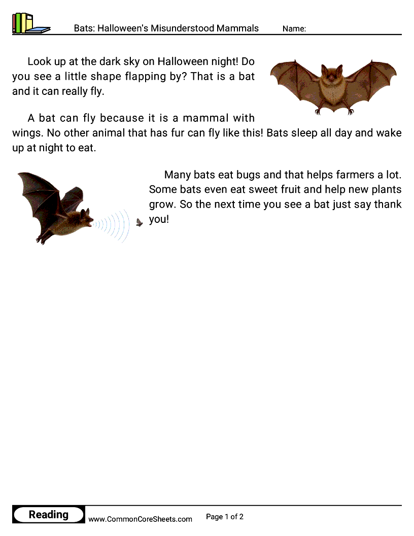 Kindergarten 31 Days of Halloween Reading - Bats: Halloween's Misunderstood Mammals worksheet