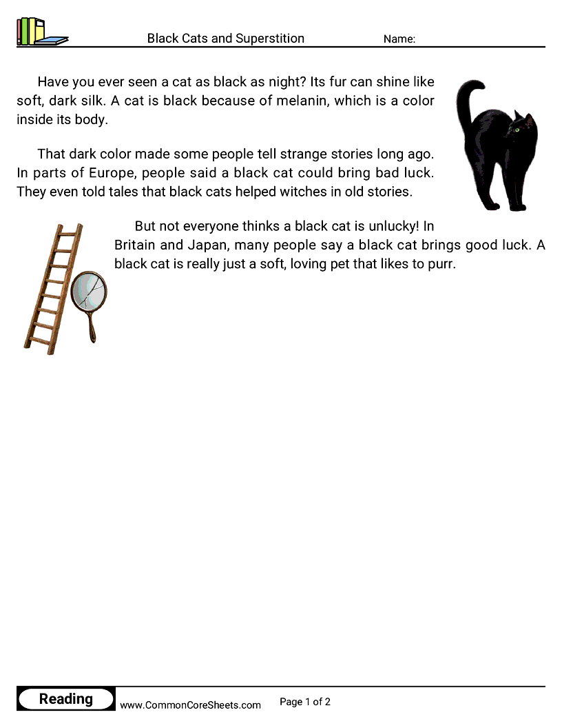 1st Grade 31 Days of Halloween Reading - Black Cats and Superstition worksheet
