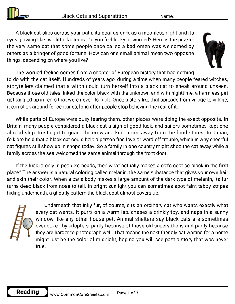 5th Grade 31 Days of Halloween Reading - Black Cats and Superstition worksheet