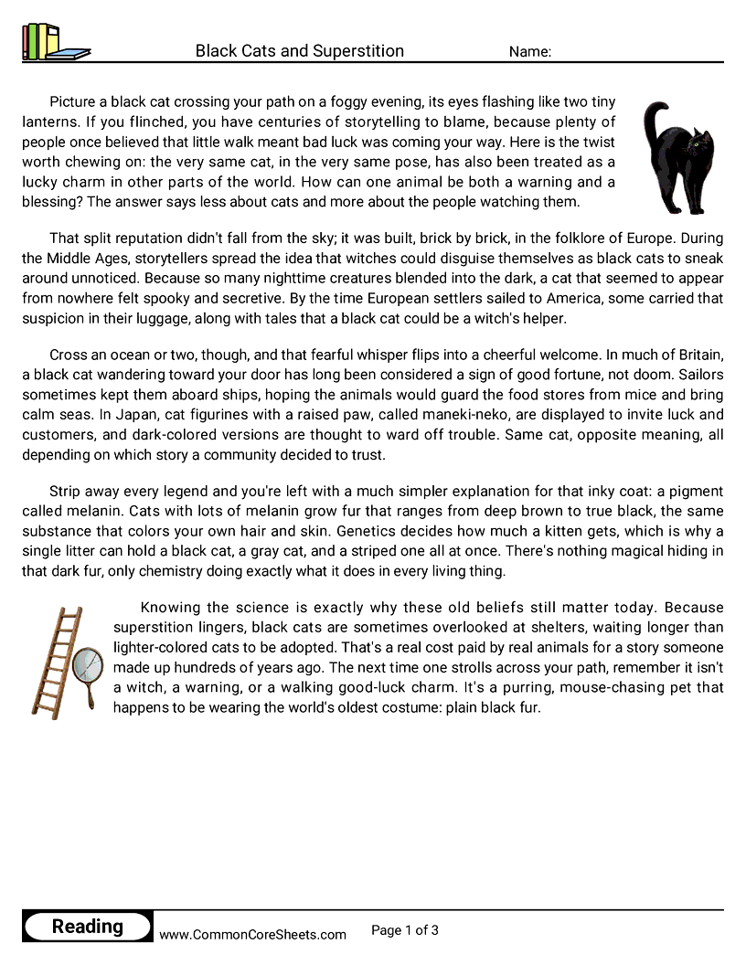 6th Grade 31 Days of Halloween Reading - Black Cats and Superstition worksheet