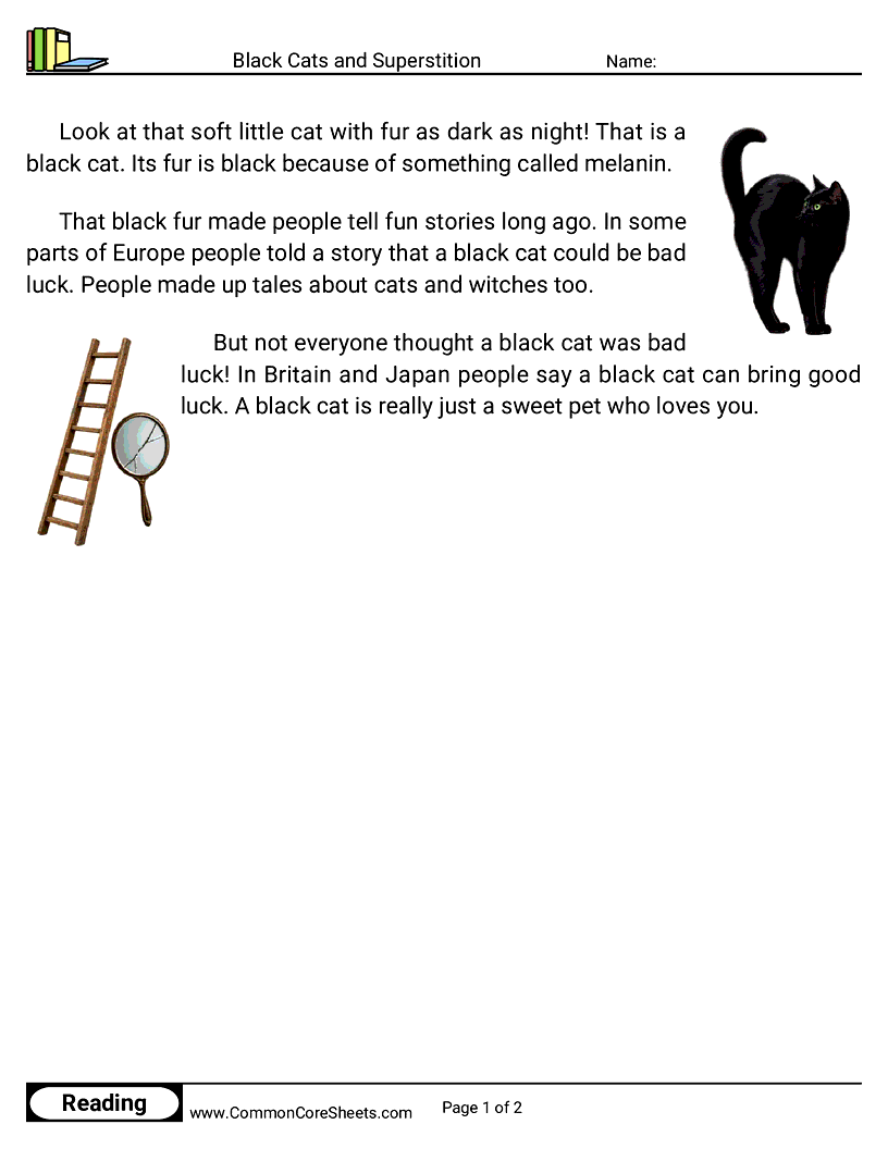 Kindergarten 31 Days of Halloween Reading - Black Cats and Superstition worksheet