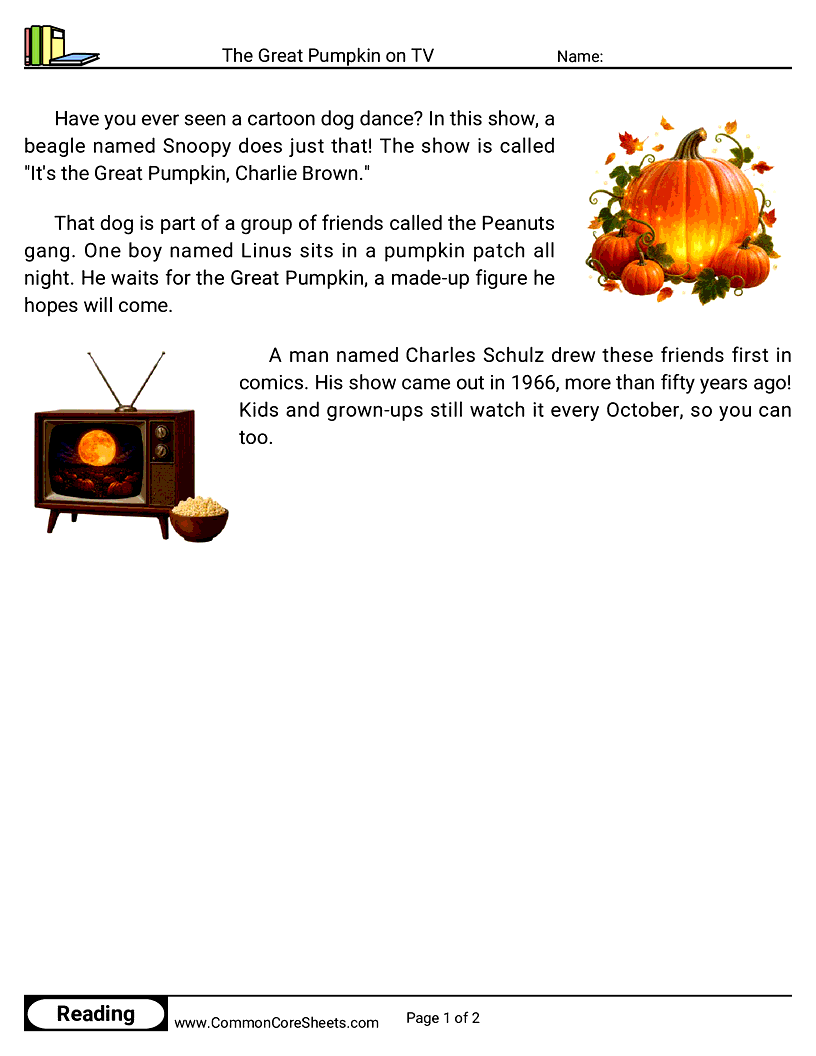 1st Grade 31 Days of Halloween Reading - The Great Pumpkin on TV worksheet