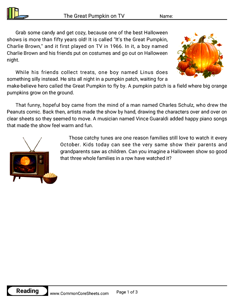 2nd Grade 31 Days of Halloween Reading - The Great Pumpkin on TV worksheet