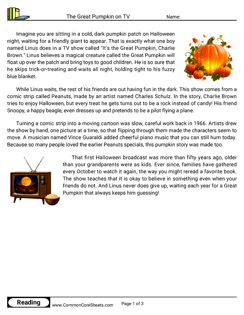 3rd Grade 31 Days of Halloween Reading - The Great Pumpkin on TV worksheet