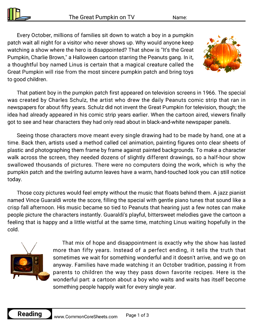 5th Grade 31 Days of Halloween Reading - The Great Pumpkin on TV worksheet