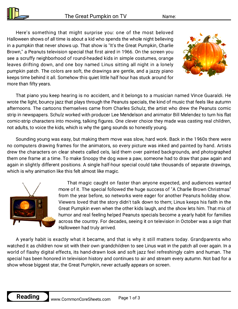 6th Grade 31 Days of Halloween Reading - The Great Pumpkin on TV worksheet