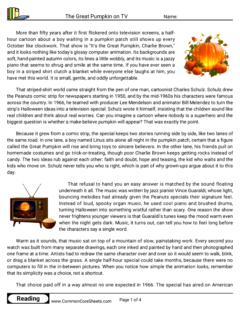 7th Grade 31 Days of Halloween Reading - The Great Pumpkin on TV worksheet