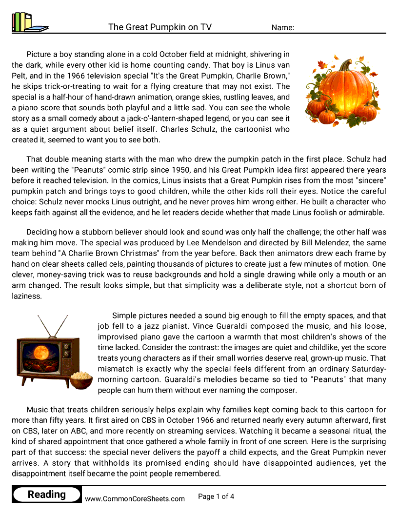 8th Grade 31 Days of Halloween Reading - The Great Pumpkin on TV worksheet