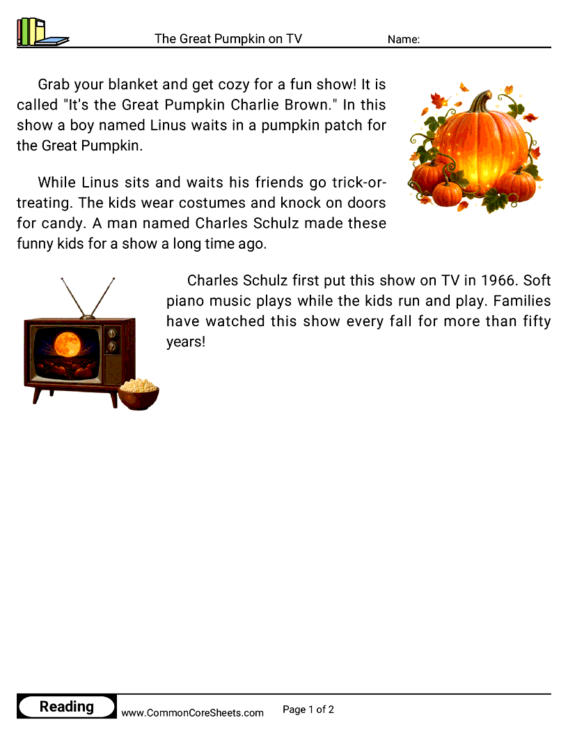 Kindergarten 31 Days of Halloween Reading - The Great Pumpkin on TV worksheet