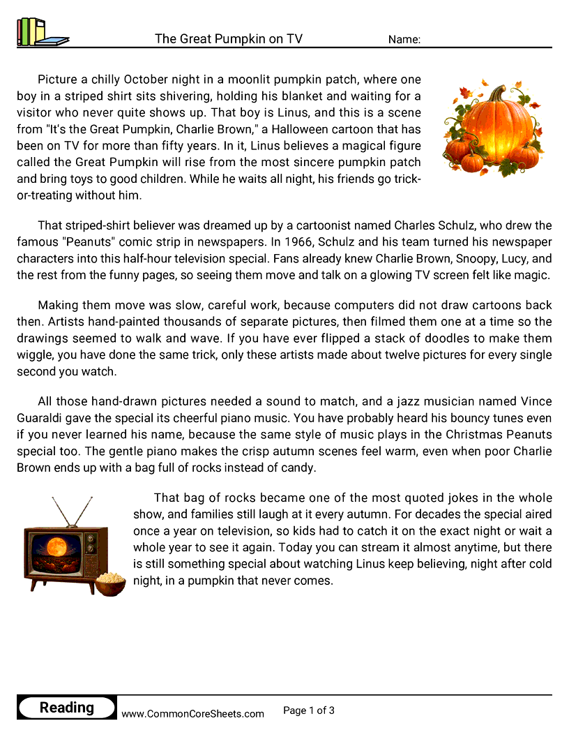 31 Days of Halloween Reading - The Great Pumpkin on TV worksheet