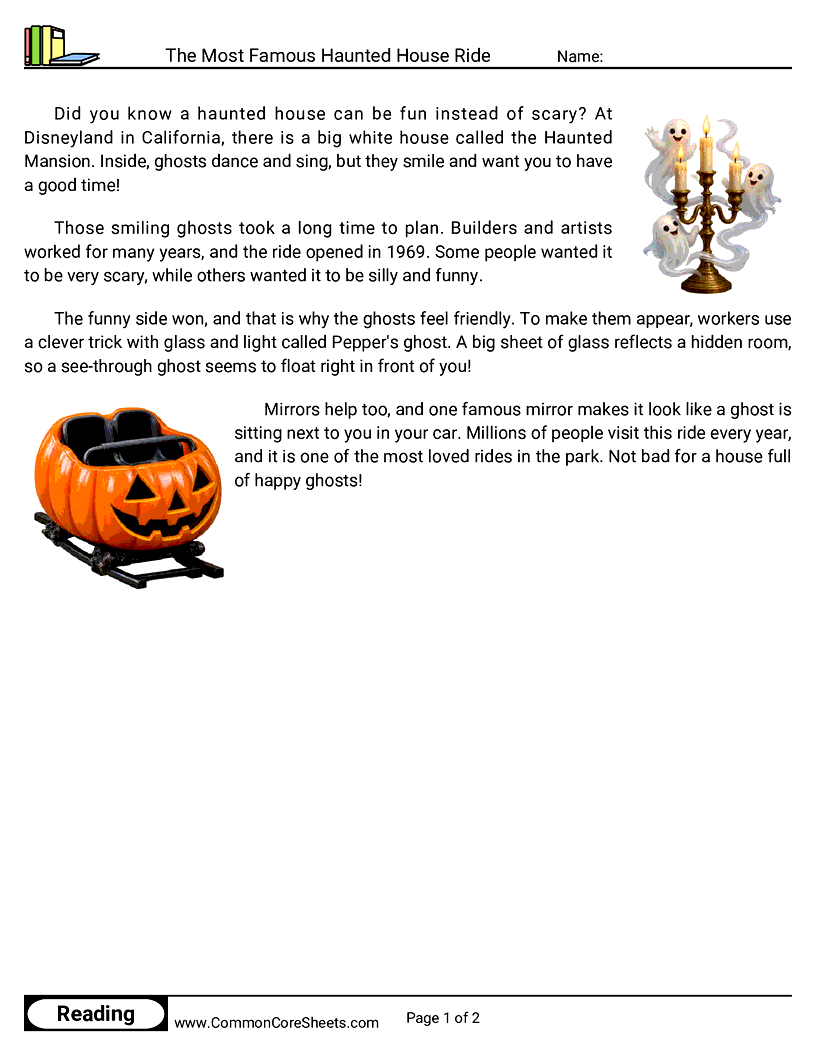 2nd Grade 31 Days of Halloween Reading - The Most Famous Haunted House Ride worksheet