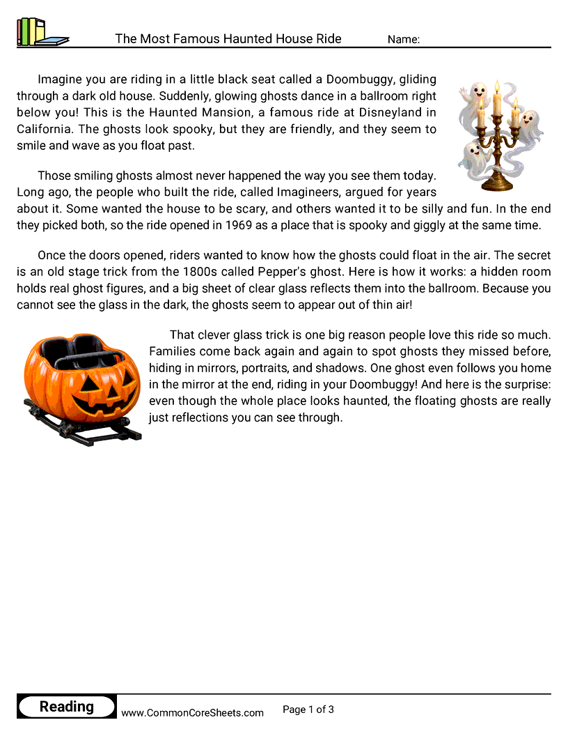 3rd Grade 31 Days of Halloween Reading - The Most Famous Haunted House Ride worksheet