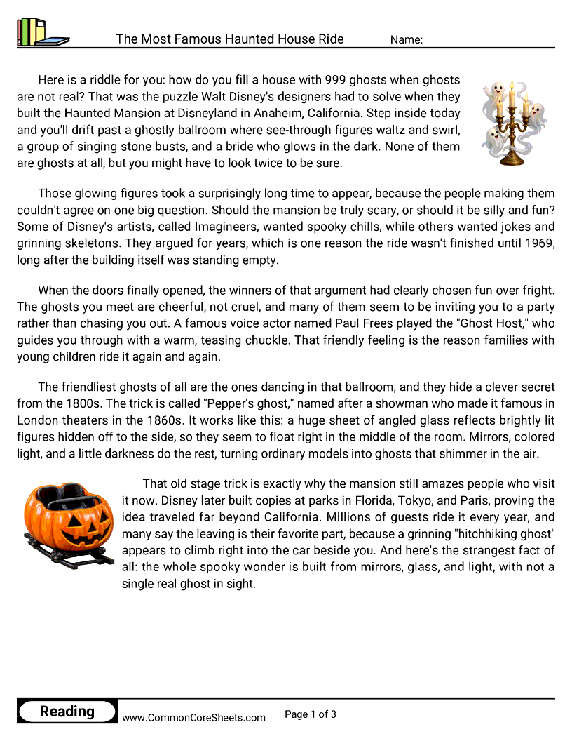 5th Grade 31 Days of Halloween Reading - The Most Famous Haunted House Ride worksheet