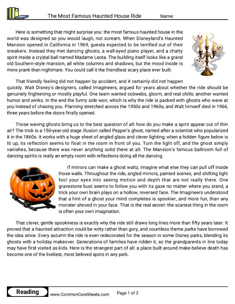 6th Grade 31 Days of Halloween Reading - The Most Famous Haunted House Ride worksheet