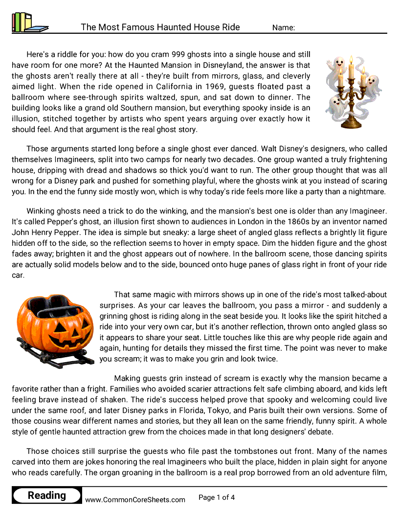 7th Grade 31 Days of Halloween Reading - The Most Famous Haunted House Ride worksheet