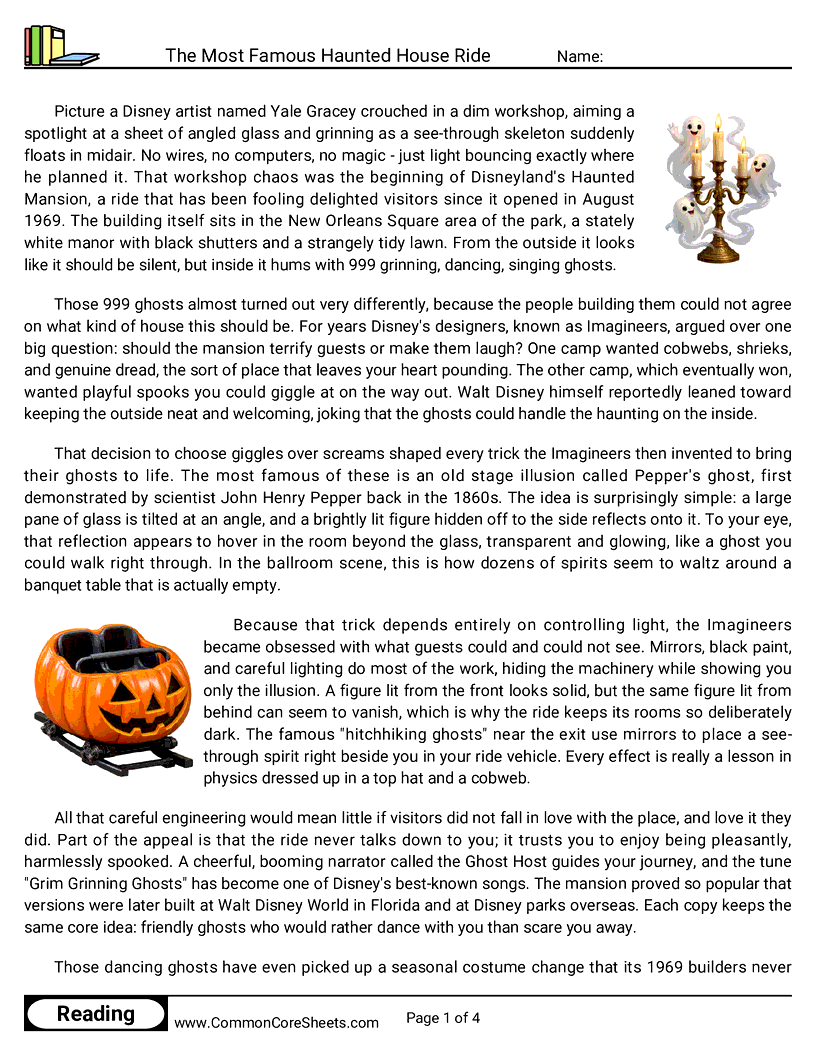 8th Grade 31 Days of Halloween Reading - The Most Famous Haunted House Ride worksheet