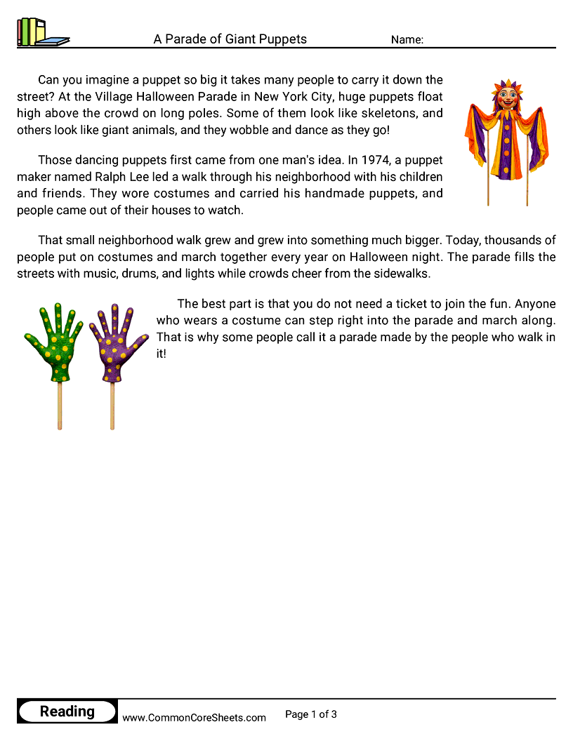 2nd Grade 31 Days of Halloween Reading - A Parade of Giant Puppets worksheet