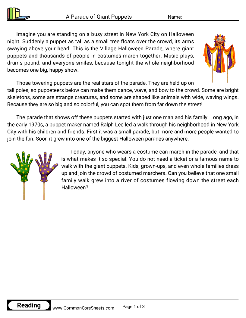 3rd Grade 31 Days of Halloween Reading - A Parade of Giant Puppets worksheet
