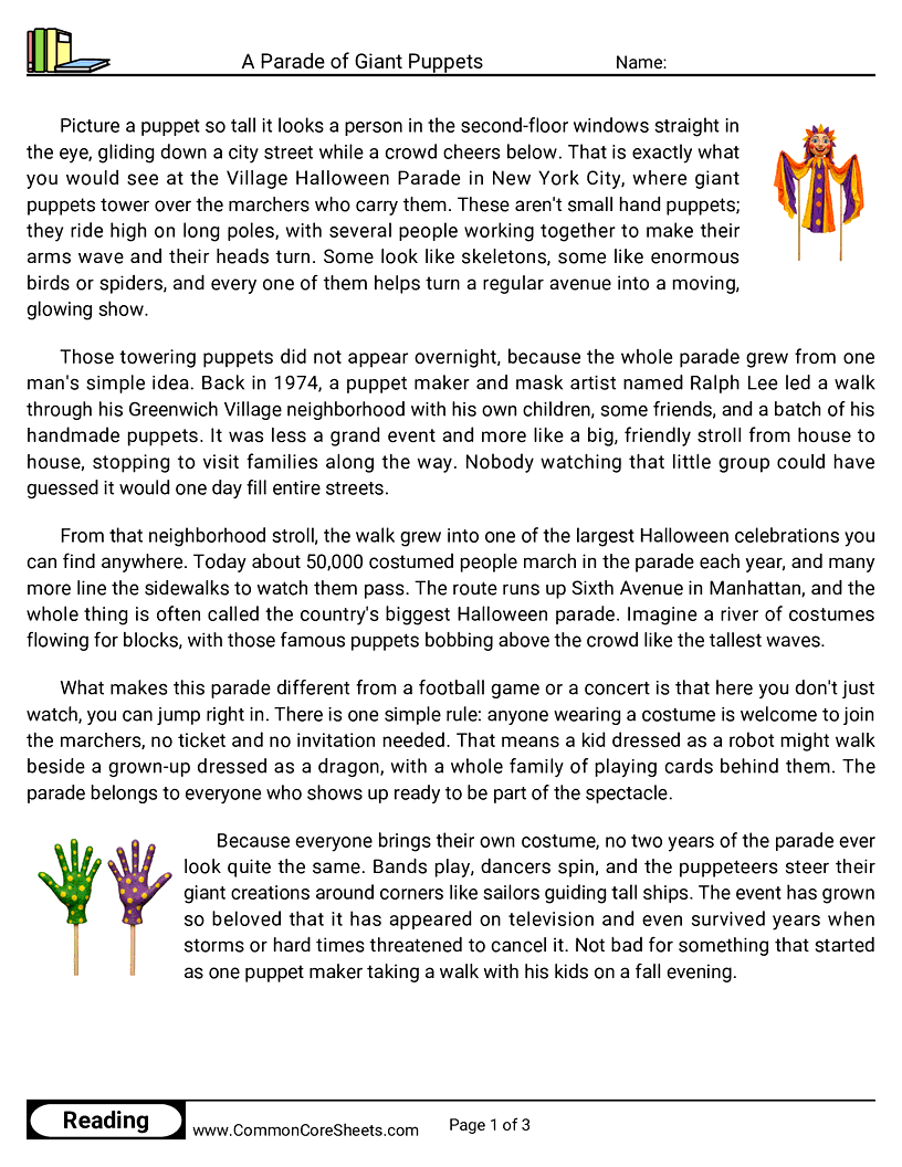 5th Grade 31 Days of Halloween Reading - A Parade of Giant Puppets worksheet