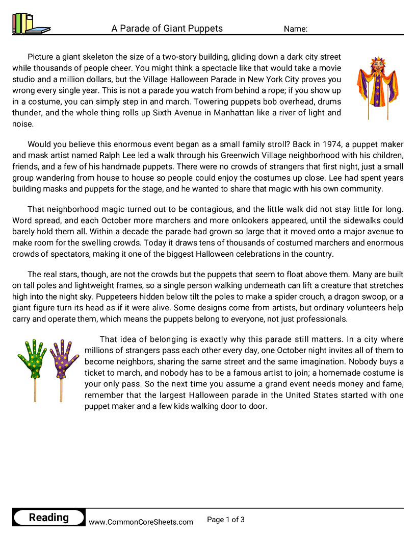 6th Grade 31 Days of Halloween Reading - A Parade of Giant Puppets worksheet
