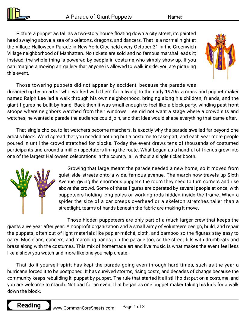 7th Grade 31 Days of Halloween Reading - A Parade of Giant Puppets worksheet