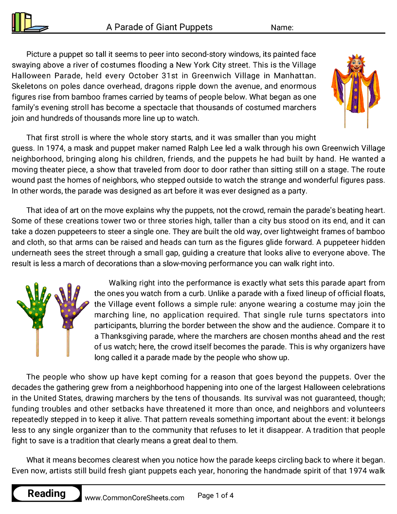 8th Grade 31 Days of Halloween Reading - A Parade of Giant Puppets worksheet