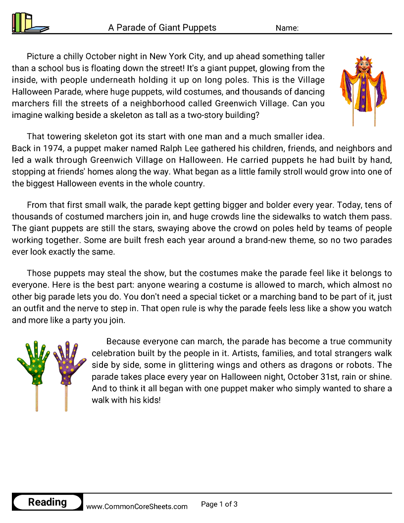 31 Days of Halloween Reading - A Parade of Giant Puppets worksheet