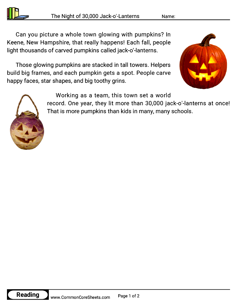 1st Grade 31 Days of Halloween Reading - The Night of 30,000 Jack-o'-Lanterns worksheet
