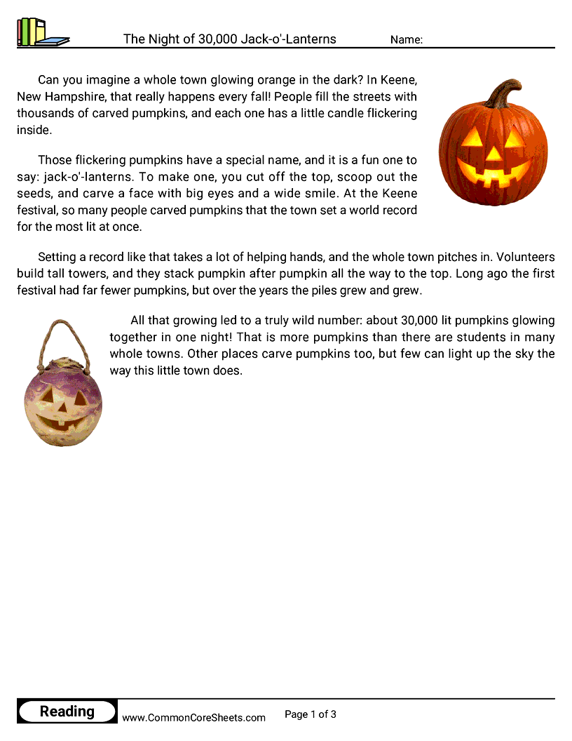 2nd Grade 31 Days of Halloween Reading - The Night of 30,000 Jack-o'-Lanterns worksheet