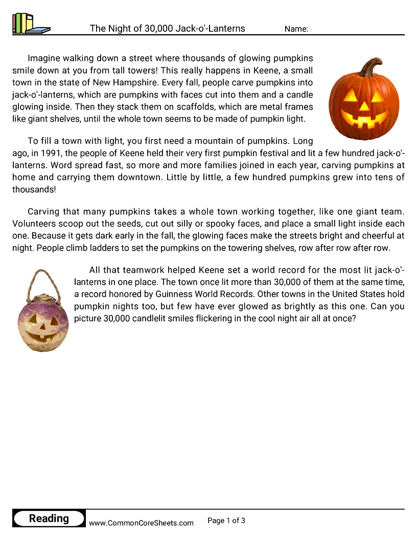 3rd Grade 31 Days of Halloween Reading - The Night of 30,000 Jack-o'-Lanterns worksheet