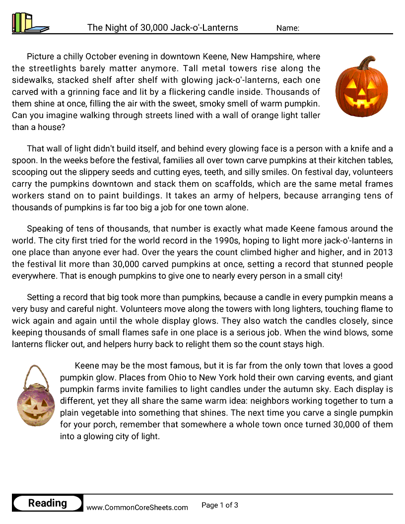 4th Grade 31 Days of Halloween Reading - The Night of 30,000 Jack-o'-Lanterns worksheet