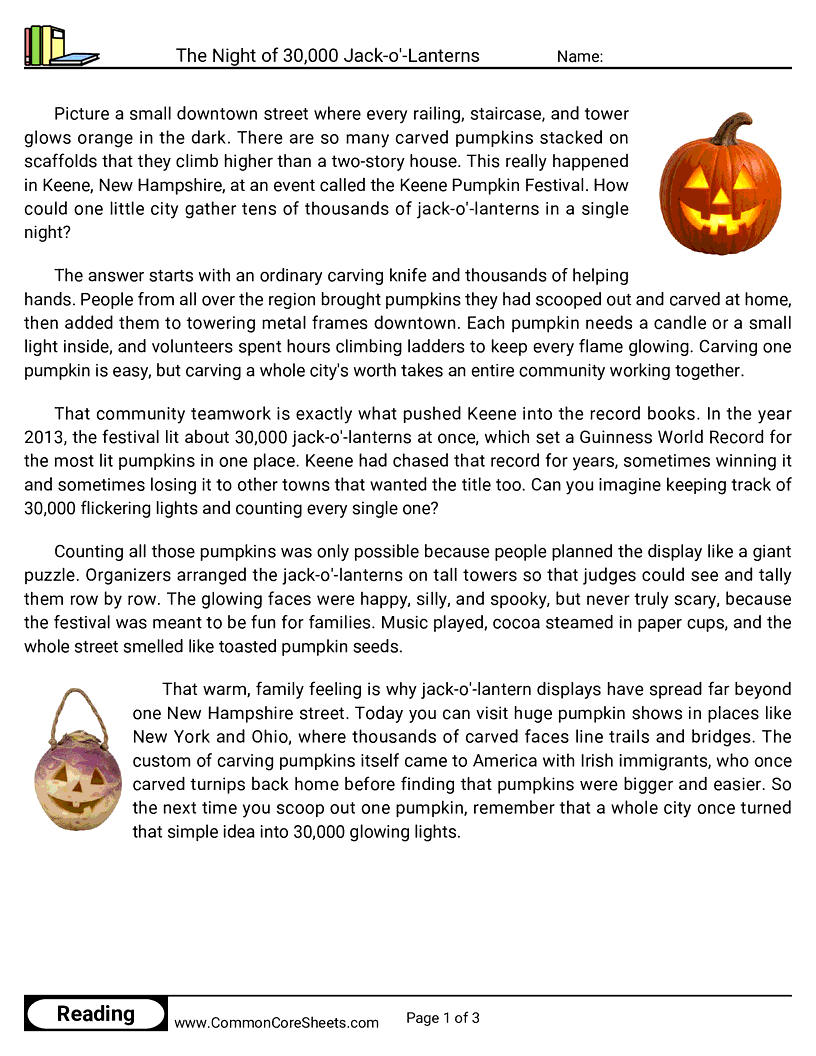 5th Grade 31 Days of Halloween Reading - The Night of 30,000 Jack-o'-Lanterns worksheet