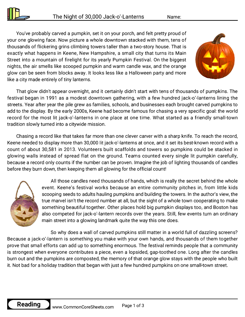 6th Grade 31 Days of Halloween Reading - The Night of 30,000 Jack-o'-Lanterns worksheet