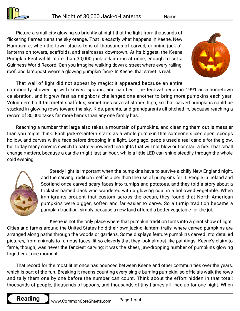 7th Grade 31 Days of Halloween Reading - The Night of 30,000 Jack-o'-Lanterns worksheet
