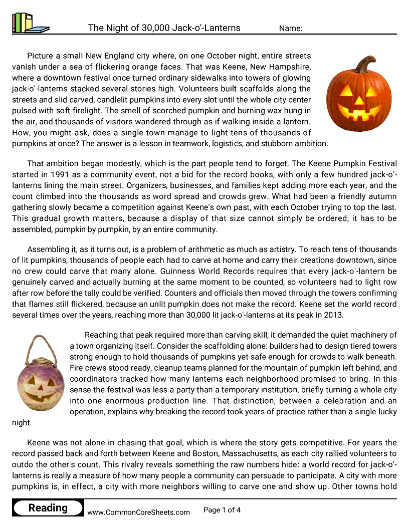 8th Grade 31 Days of Halloween Reading - The Night of 30,000 Jack-o'-Lanterns worksheet